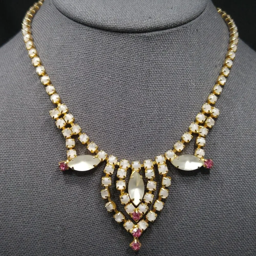 Frosty White Pink Rhinestone Necklace, Gold Plated, 1960s Vintage Jewelry